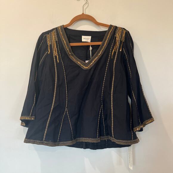 Wrap London Godet Cotton Sequin Bell Sleeve V Neck Blouse Sz 6 Black Gold - Picture 4 of 10